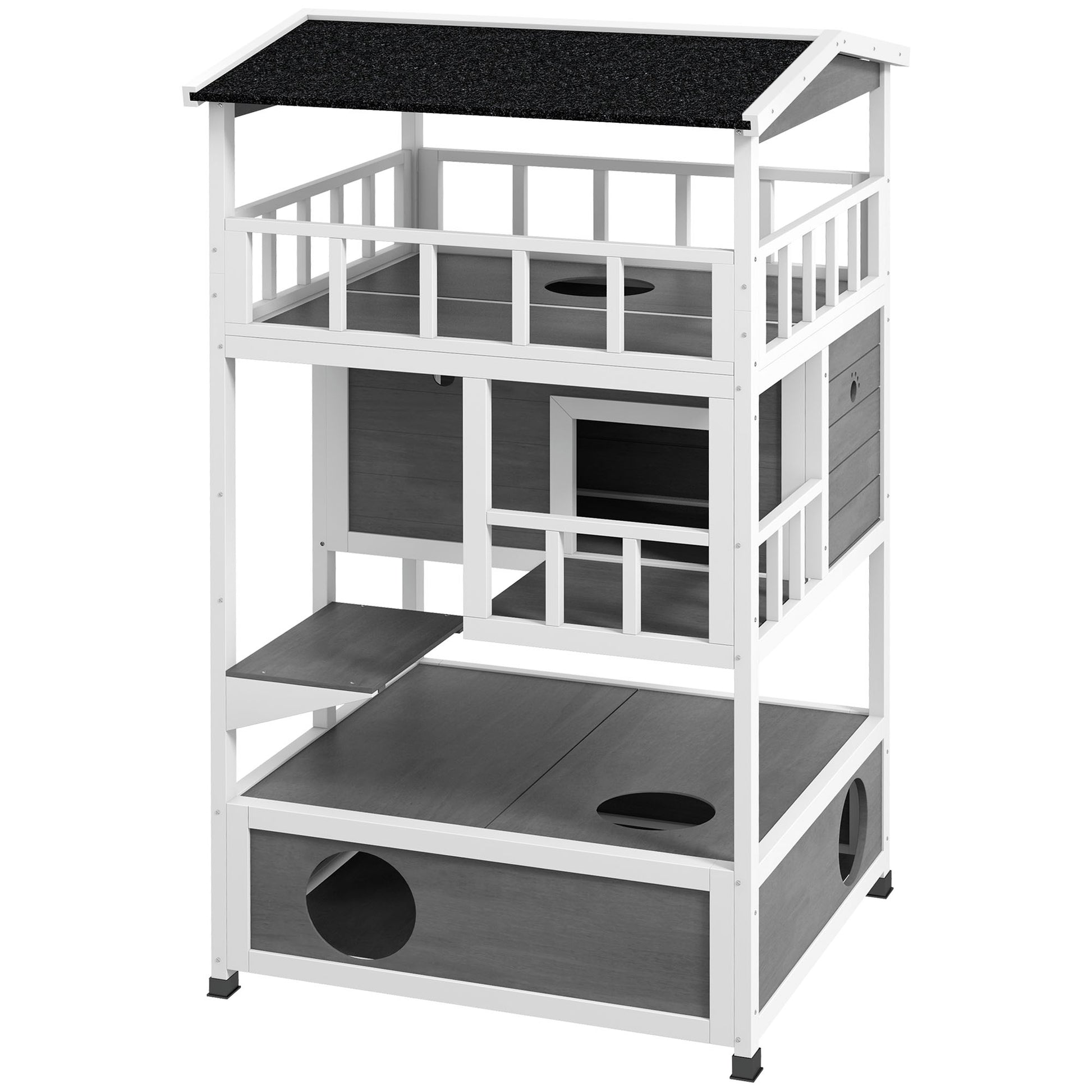 Pawhut Wooden Outdoor Cat House, Feral Cat Shelter Kitten Condo With Asphalt Roof, Escape Doors, Condo, Jumping Platform, Light Gray Light Gray Wood