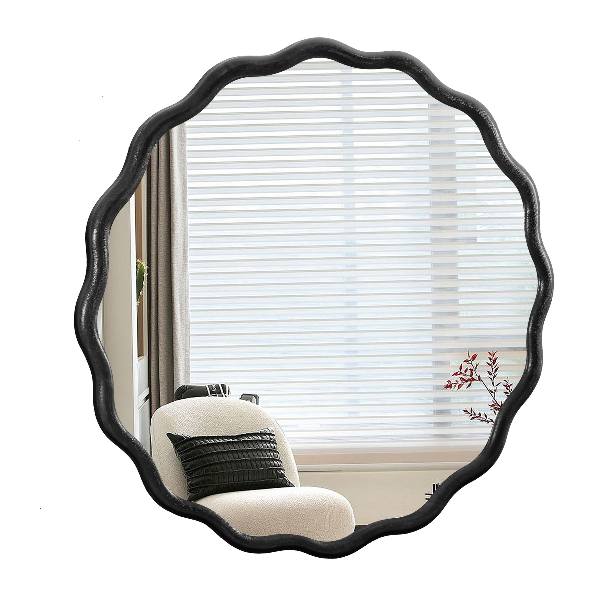 Solid Wood Wavy Mirror Black Vanity Mirror Wall Decor 36" X 36" Modern Mirror Wall Decor For Bathroom, Bedroom, Living Room, Dining Room, Cloakroom, Entryway Oval Or Circle Framed Black Living Room Large 33In 40In Glass Solid Wood