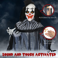 Homcom 6' Life Size Outdoor Halloween Decoration, Classic Black And White Striped Clown Animatronic, Sound And Motion Activated Animated Prop With Light Up Eyes & Sounds Black Polyester