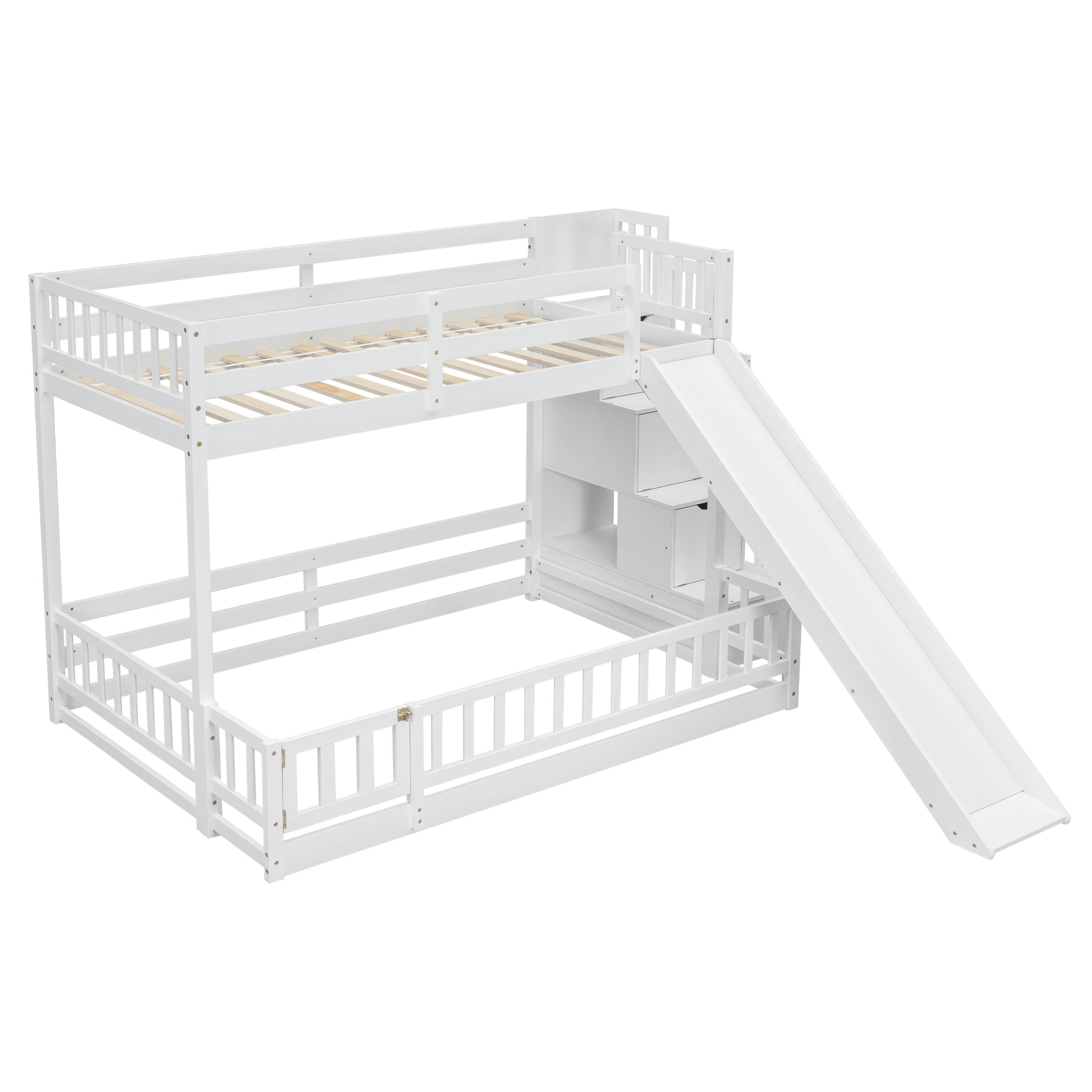 Twin Over Full Bunk Bed With Slide, Storage Staircase, Pine Solid Wooden Bunk Bed With Safety Guardrails,White White Pine