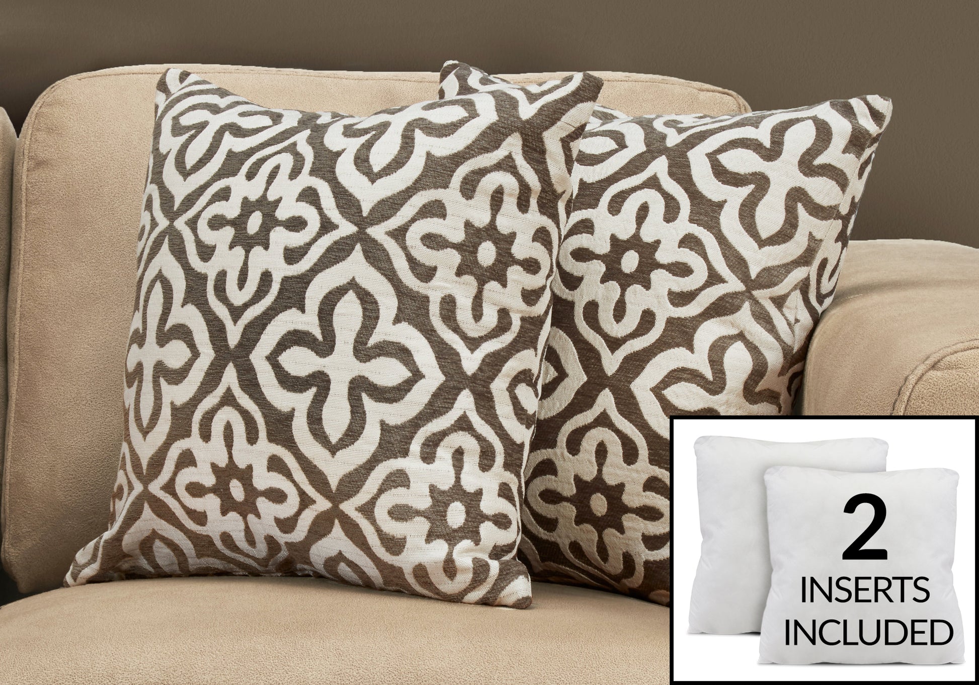 Pillows, Set Of 2, 18 X 18 Square, Insert Included, Decorative Throw, Accent, Sofa, Couch, Bedroom, Brown Hypoallergenic Polyester, Modern Taupe Polyester Polyester