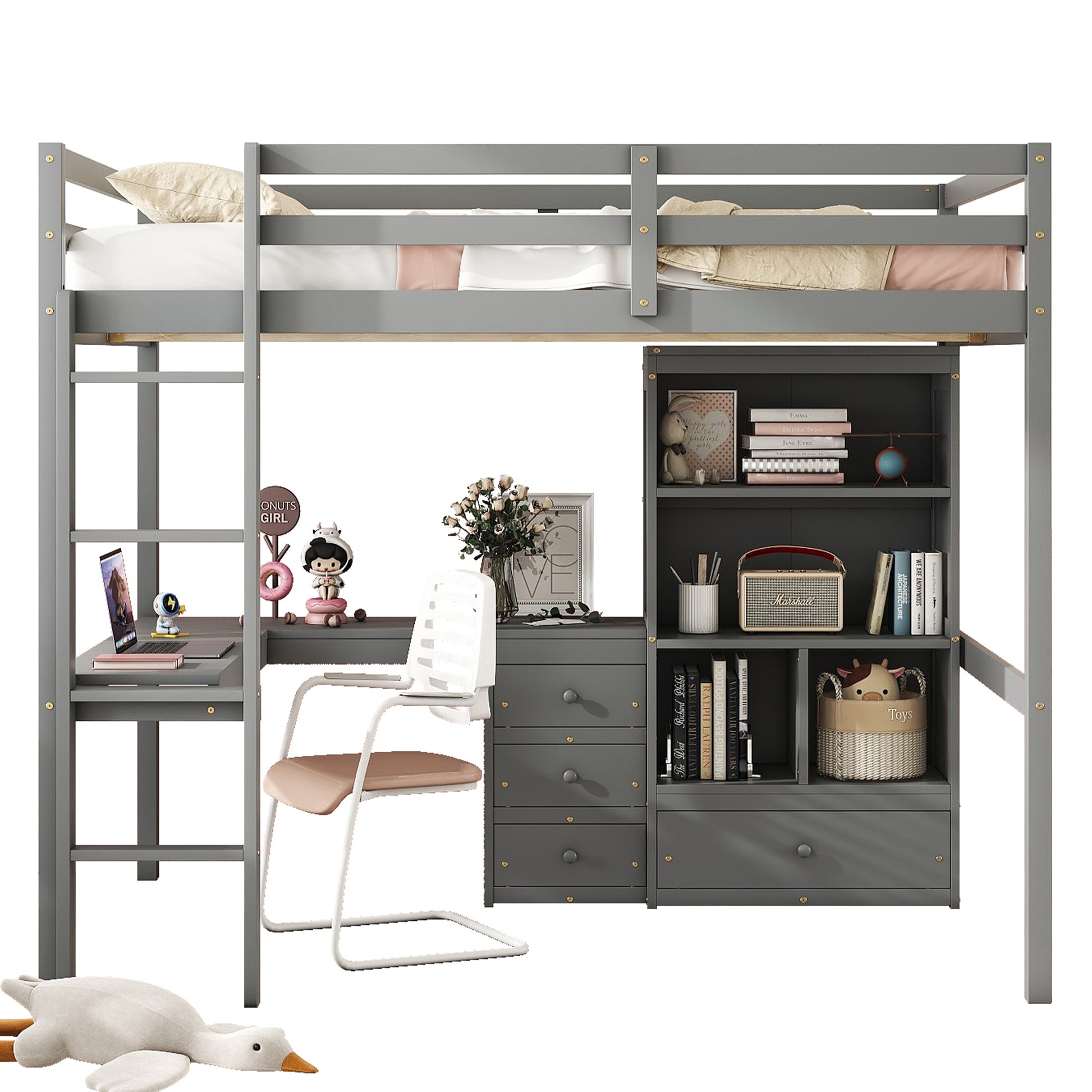 Full Size Loft Wood Bed With Desk, Storage Shelves And Drawers, Built In Ladder, High Loft Bed With Desk, Storage Shelves And Drawers,Guardrails,Grey Full Grey Pine