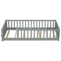 Twin Size Floor Platform Bed With Built In Book Storage Rack,Grey Twin Grey American Design Pine