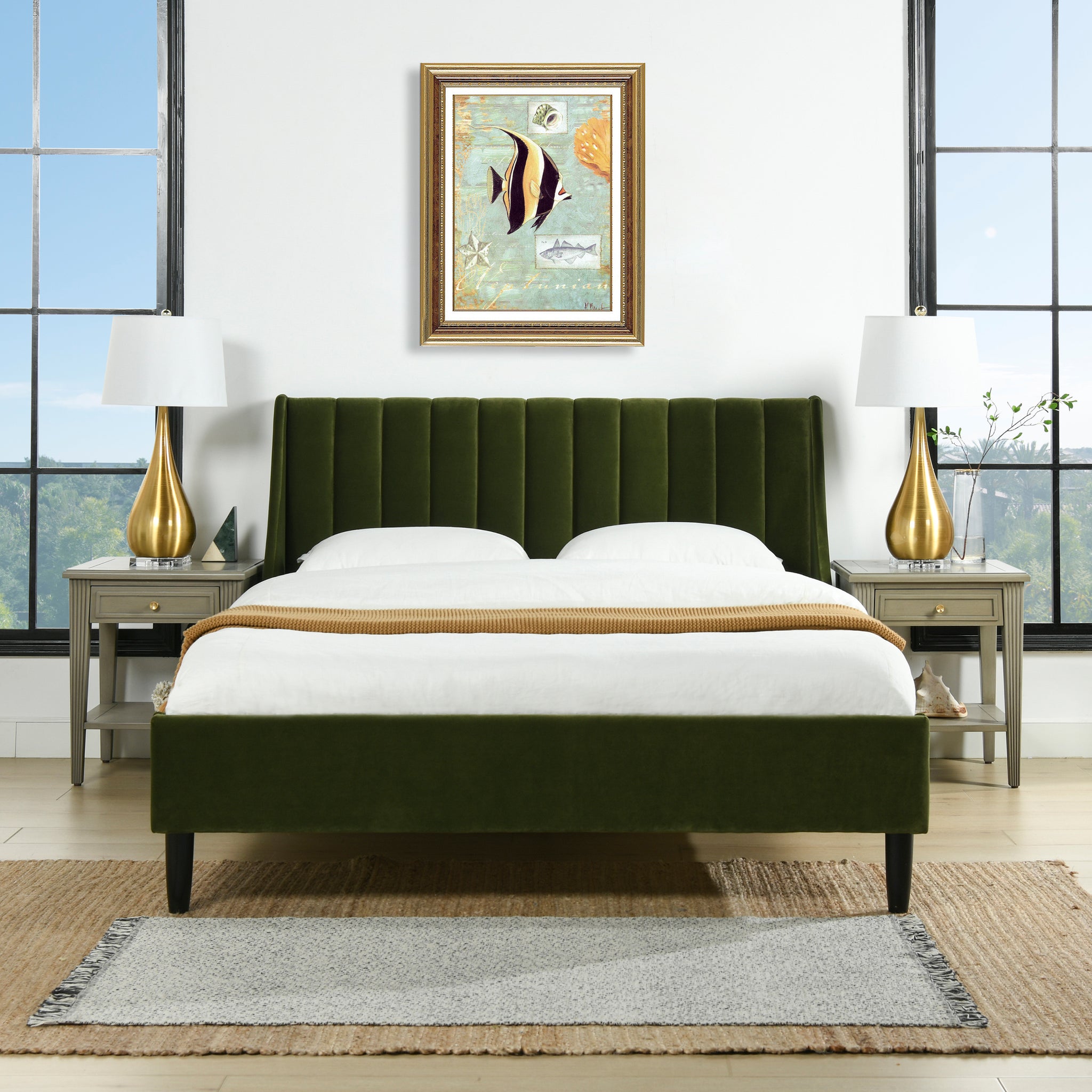 Aspen Vertical Tufted Modern Headboard Platform Bed Set, Queen, Olive Green Performance Velvet Box Spring Not Required Queen Olive Green Wood Foam Velvet Velvet