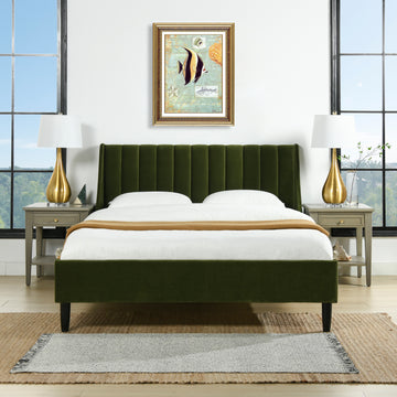 Aspen Vertical Tufted Modern Headboard Platform Bed Set, Queen, Olive Green Performance Velvet Box Spring Not Required Queen Olive Green Wood Foam Velvet Velvet