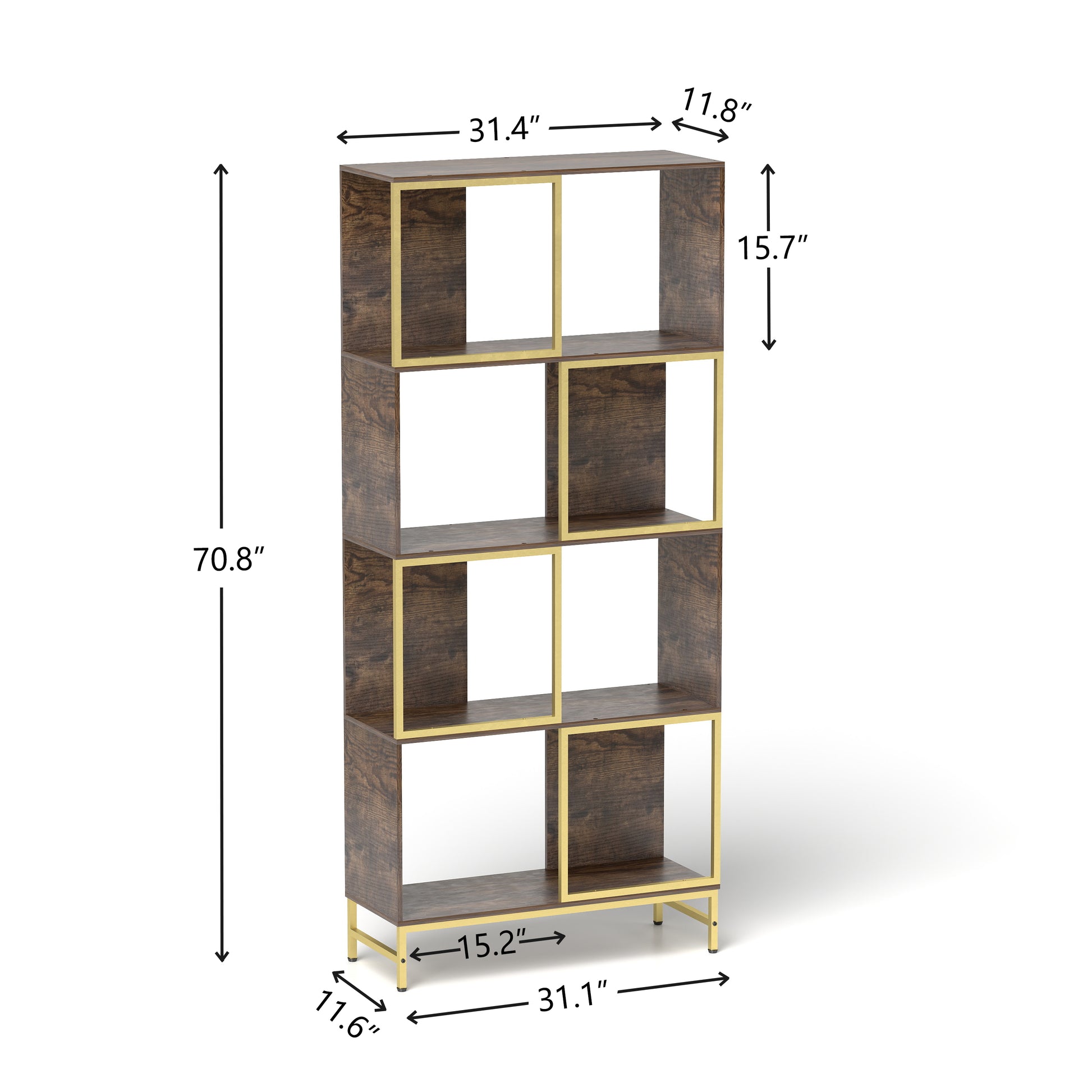 4 Tier Industrial Bookcase, Rustic Wood And Metal Frame, Asymmetrical Shelf Design, Display Storage Shelf For Living Room, Home Office, Small Space Brown Gold Primary Living Space Metal & Wood