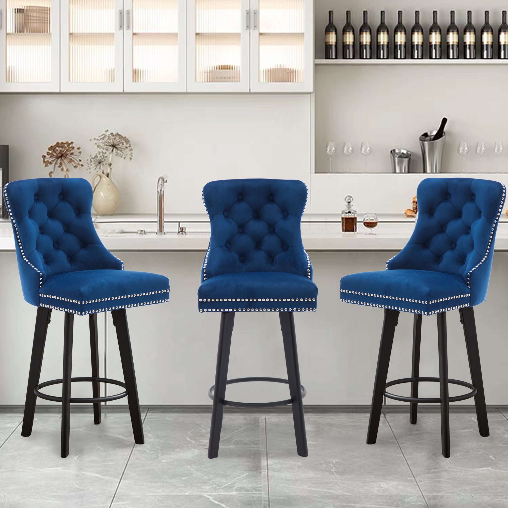 Modern Swivel Bar Stools Velvet Barstools Button Tufted Bar Stools Rivet Trim Bar Stools For Kitchen Island,Bistro, With Metal Pull Ring Sturdy Footrest Large Backrest For Home Bar 3 Navy Blue