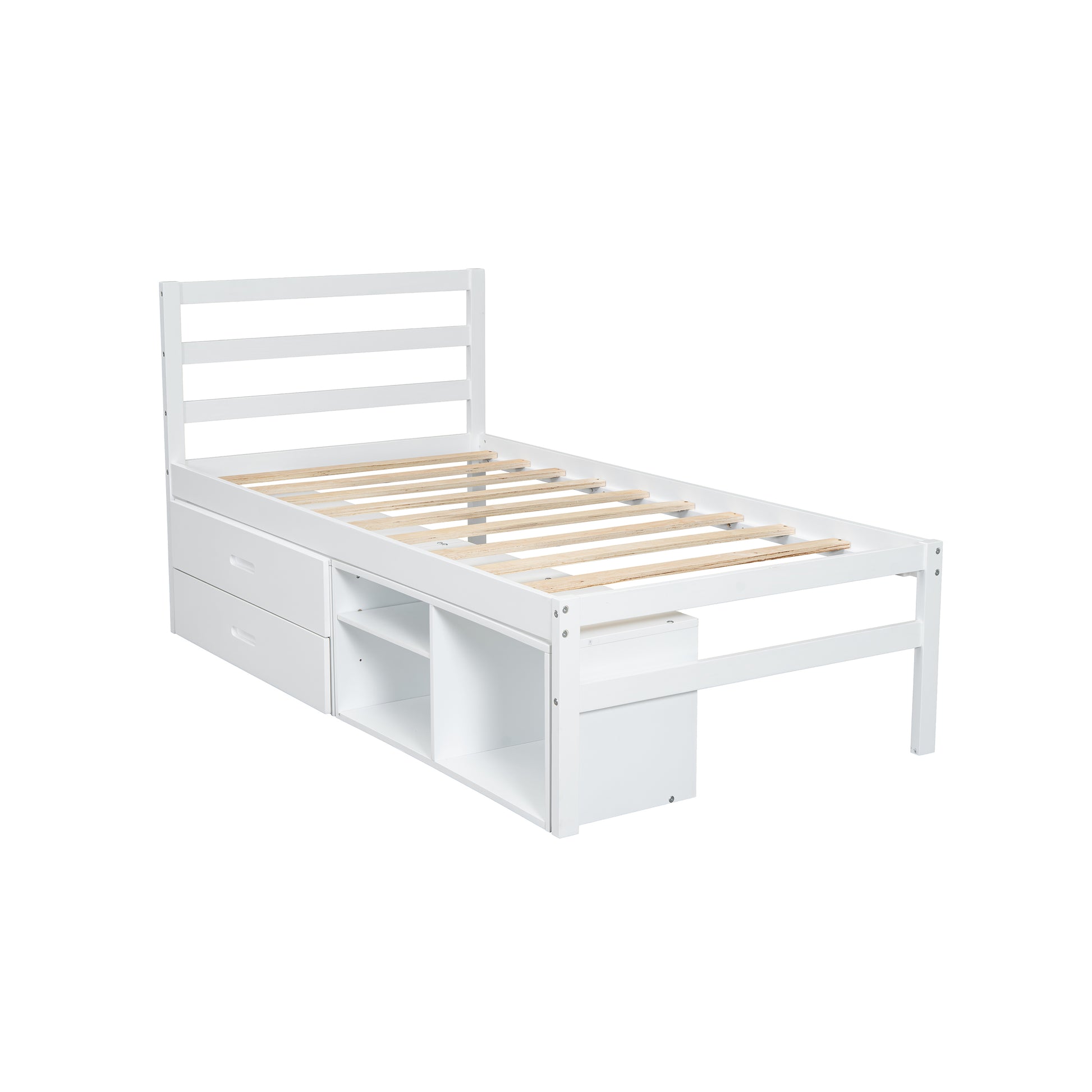 Twin Size Wood Platform Bed With Removable Storage Shelves, Built In Two Storage Drawers For Added Convenience, White Twin White Wood