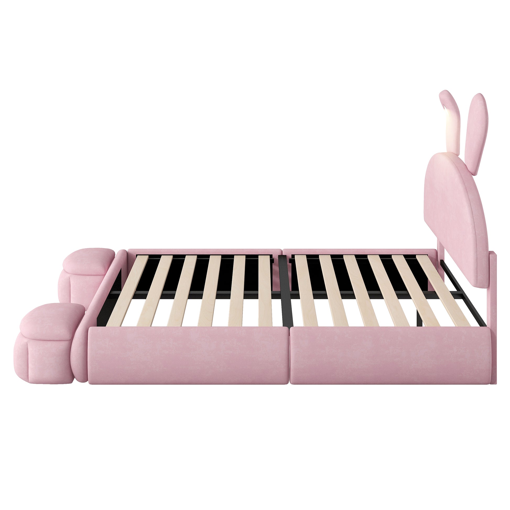 Full Size Upholstered Platform Bed With Cartoon Ears Shaped Headboard And Light, Pink Box Spring Not Required Full Pink Wood Bedroom Bed Frame Velvet Upholstered