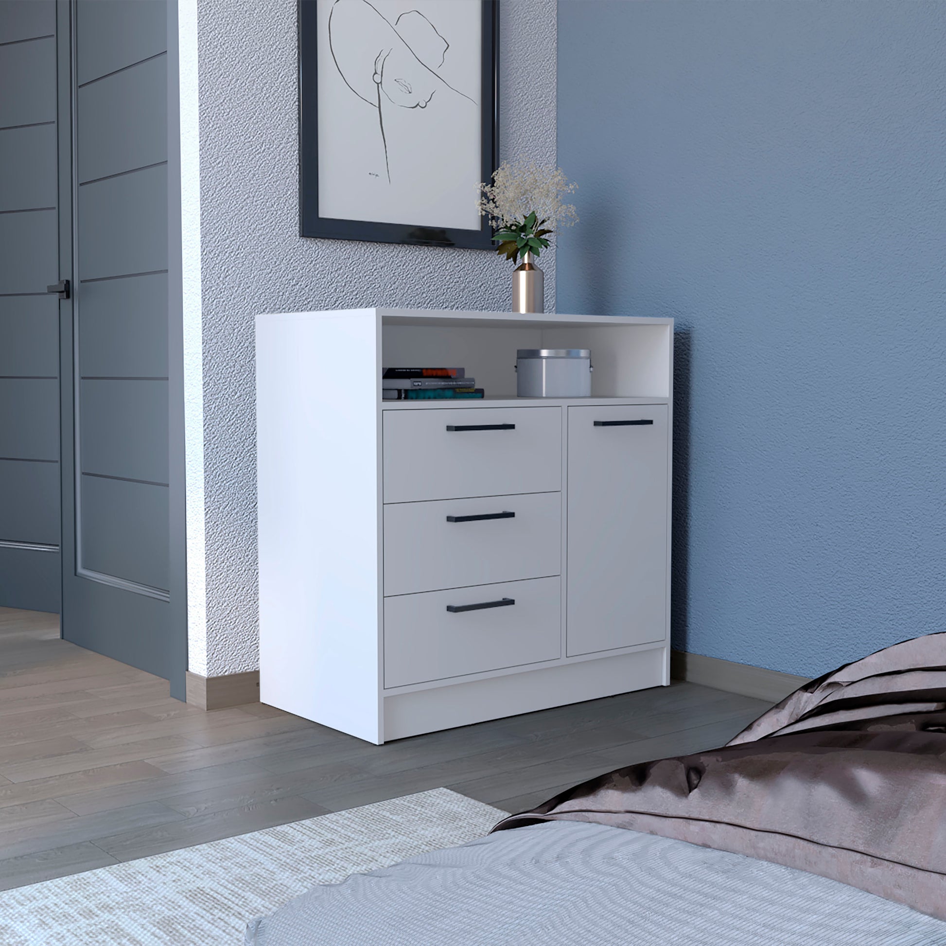 Dresser With Spacious 3 Drawer And Single Door Storage Cabinet, White White Solid Wood Mdf Engineered Wood