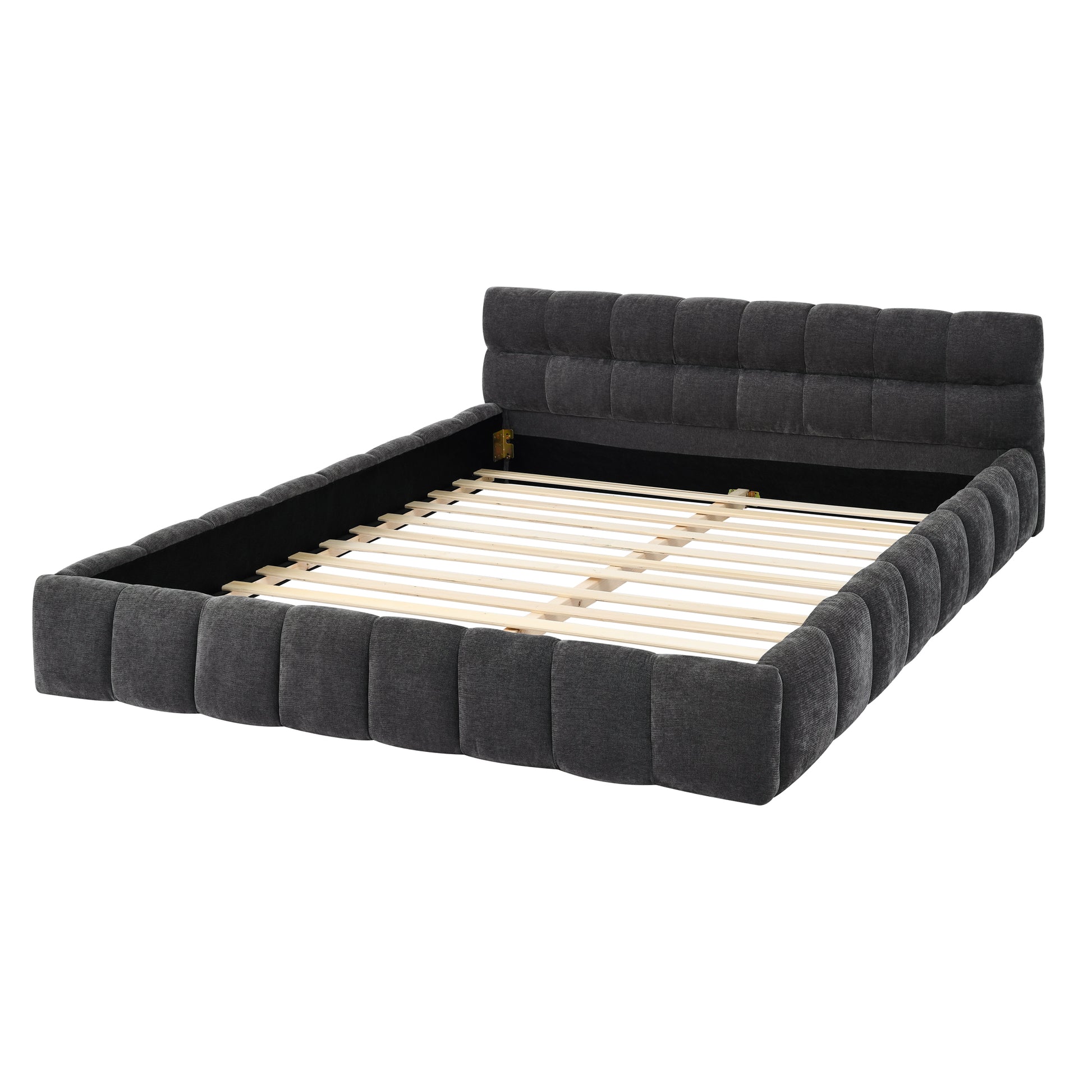 Queen Size Upholstered Bed Frame With Thick Fabric, Chenille Fabric Grounded Queen Size Platform Bed With Headboard And Solid Frame. No Box Spring Needed, Dark Grey 68''*86.5''*23.5'' Box Spring Not