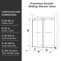 56" 60"W X 76"H Frameless Double Sliding Shower Door, 3 8" 10Mm Clear Tempered Glass, Glass Door For Bathroom, Matte Black Finish Matte Black Bathroom American Design Glass Metal