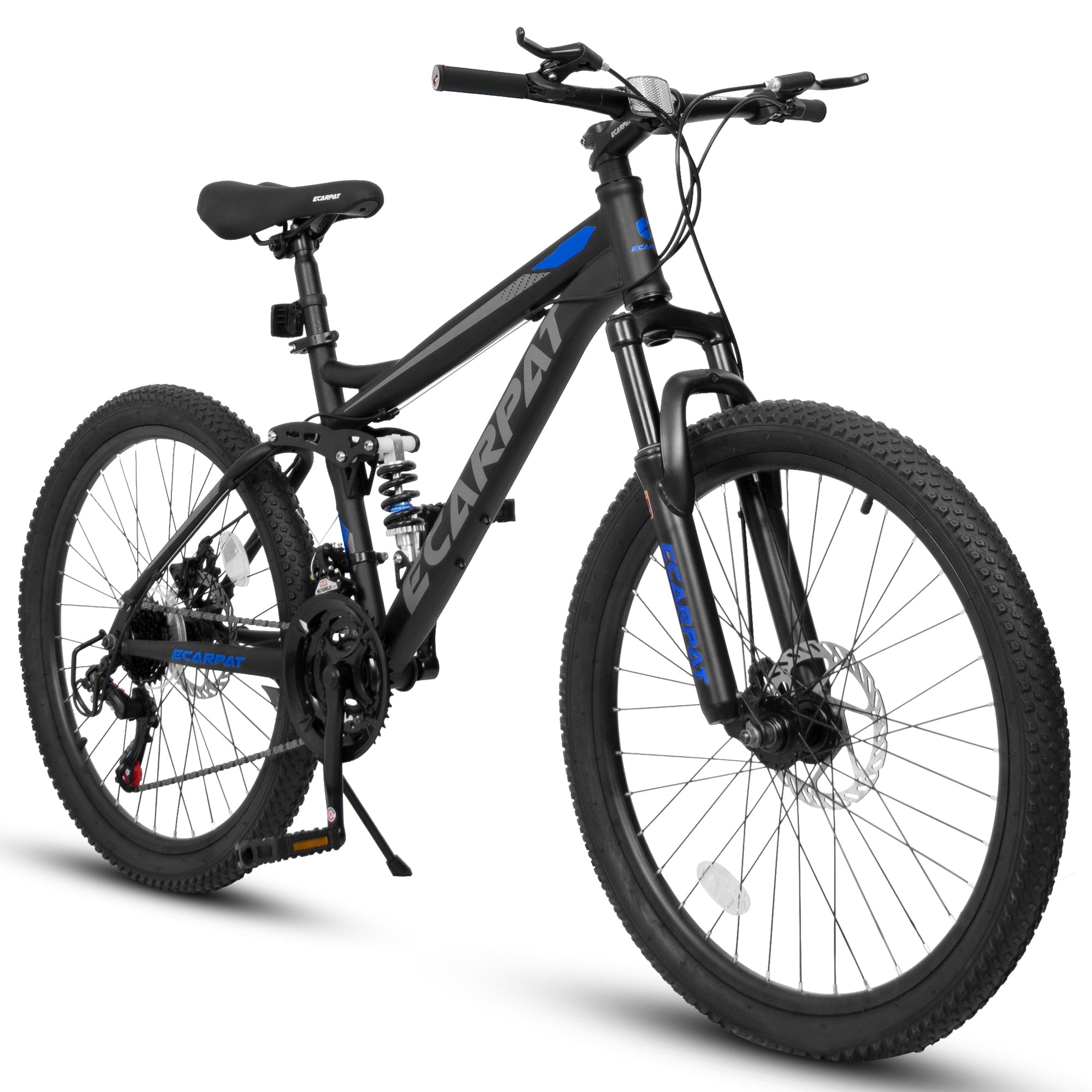 A2660 Ecarpat Mountain Bike 26 Inch Wheels, 21 Speed Full Suspension Mens Womens Trail Commuter City Mountain Bike, Carbon Steel Frame Disc Brakes Thumb Shifter Front Fork Rear Shock Absorber Bicycles Black Carbon Steel