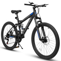 Ecarpat Mountain Bike 27 Inch Wheels, 21 Speed Full Suspension Mens Womens Trail Commuter City Mountain Bike, Carbon Steel Frame Disc Brakes Grip Shifter Front Fork Rear Shock Absorber Bicycles Black Carbon Steel