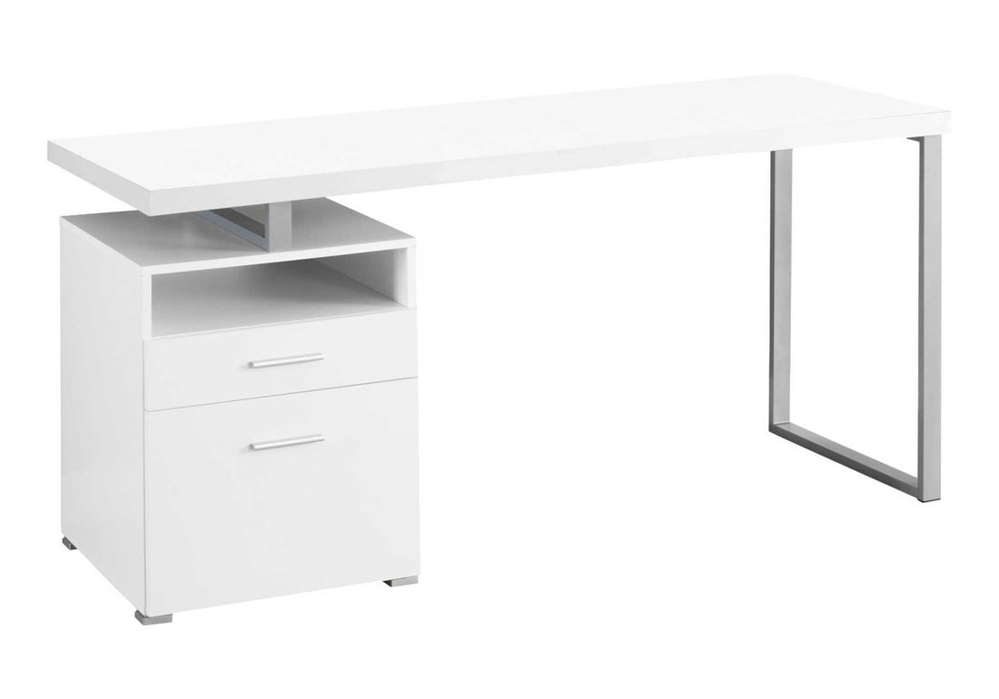 Computer Desk, Home Office, Laptop, Left, Right Set Up, Storage Drawers, 60"L, Work, White Laminate, Grey Metal, Contemporary, Modern White Particle Board