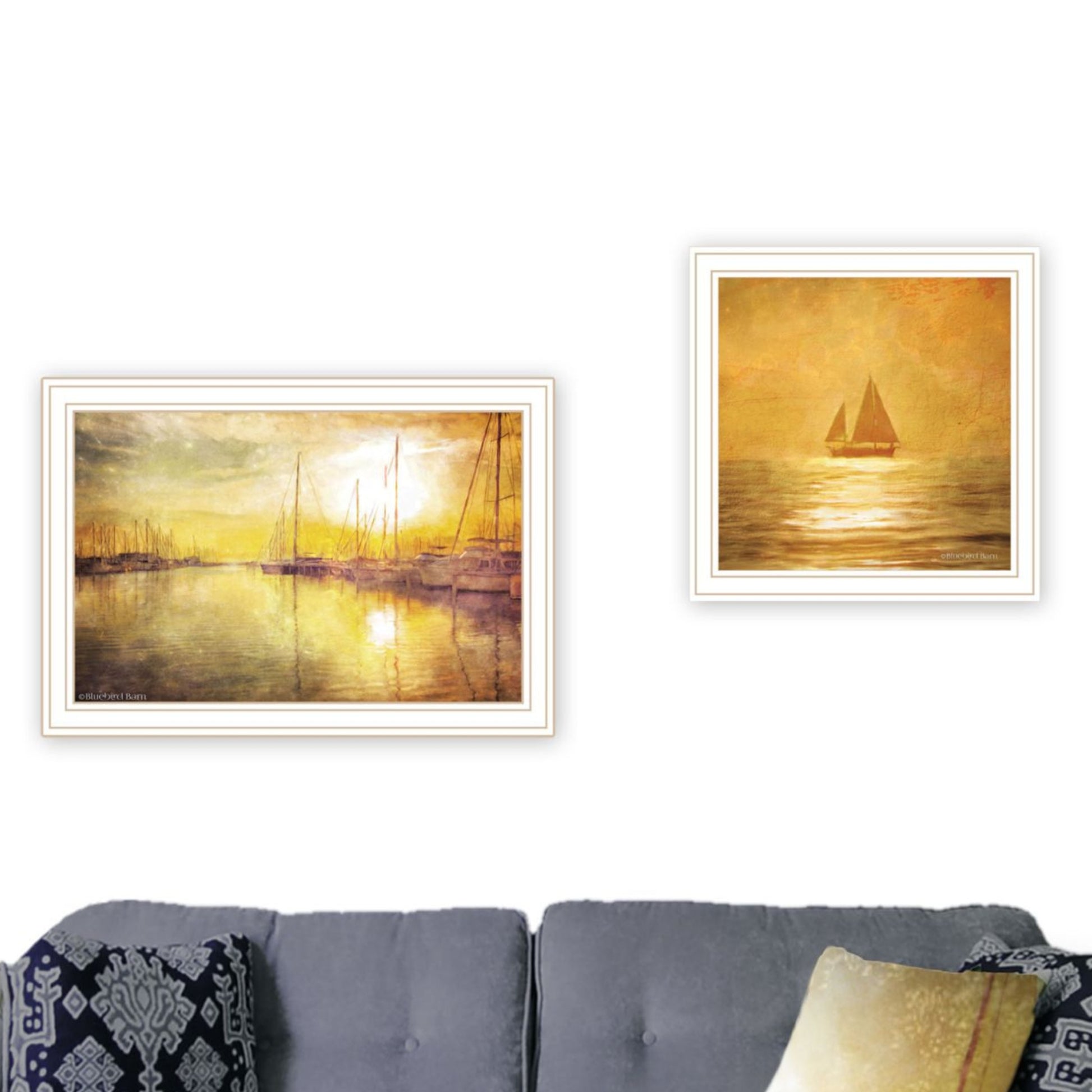 "Golden Solo Sailboats" Framed Wall Art For Living Room, Wall Art Print For Home Decor, Bedroom Wall Art By Bluebird Barn Multicolor Wood Paper