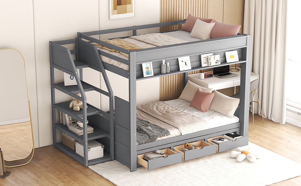 Wood Full Size Convertible Bunk Bed With Storage Staircase, Bedside Table, And 3 Drawers, Gray Gray Solid Wood Mdf