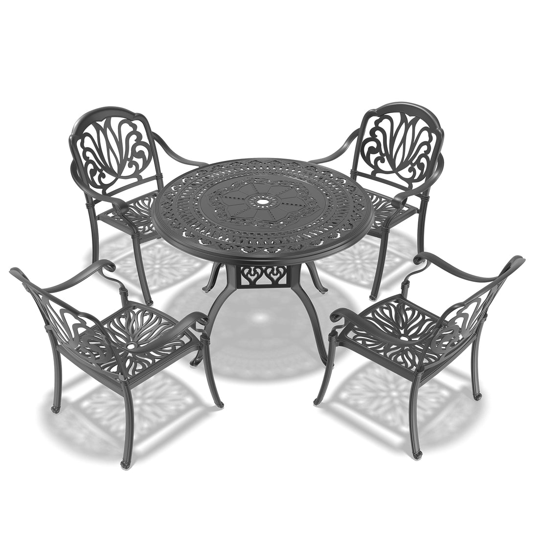 Cushions In Random Colors 5 Piece Set Of Cast Aluminum Patio Furniture With Cushions Yes Dining Set Black Seats 4 Rust Resistant Frame Water Resistant Cushion Garden & Outdoor Complete Patio Sets Aluminium
