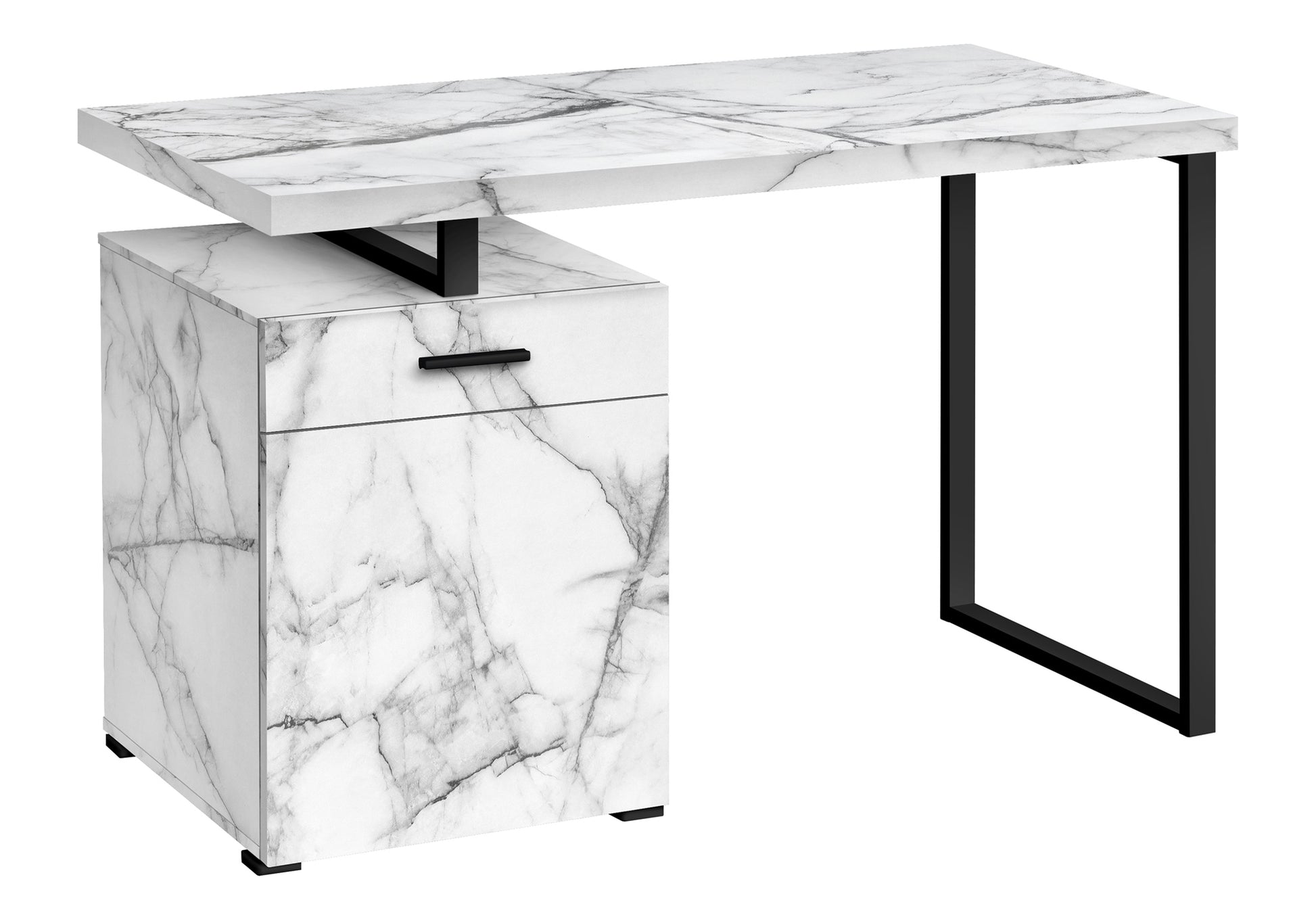 Computer Desk, Home Office, Laptop, Left, Right Set Up, Storage Drawers, 48"L, Work, White Marble Look Laminate, Black Metal, Contemporary, Modern White Particle Board