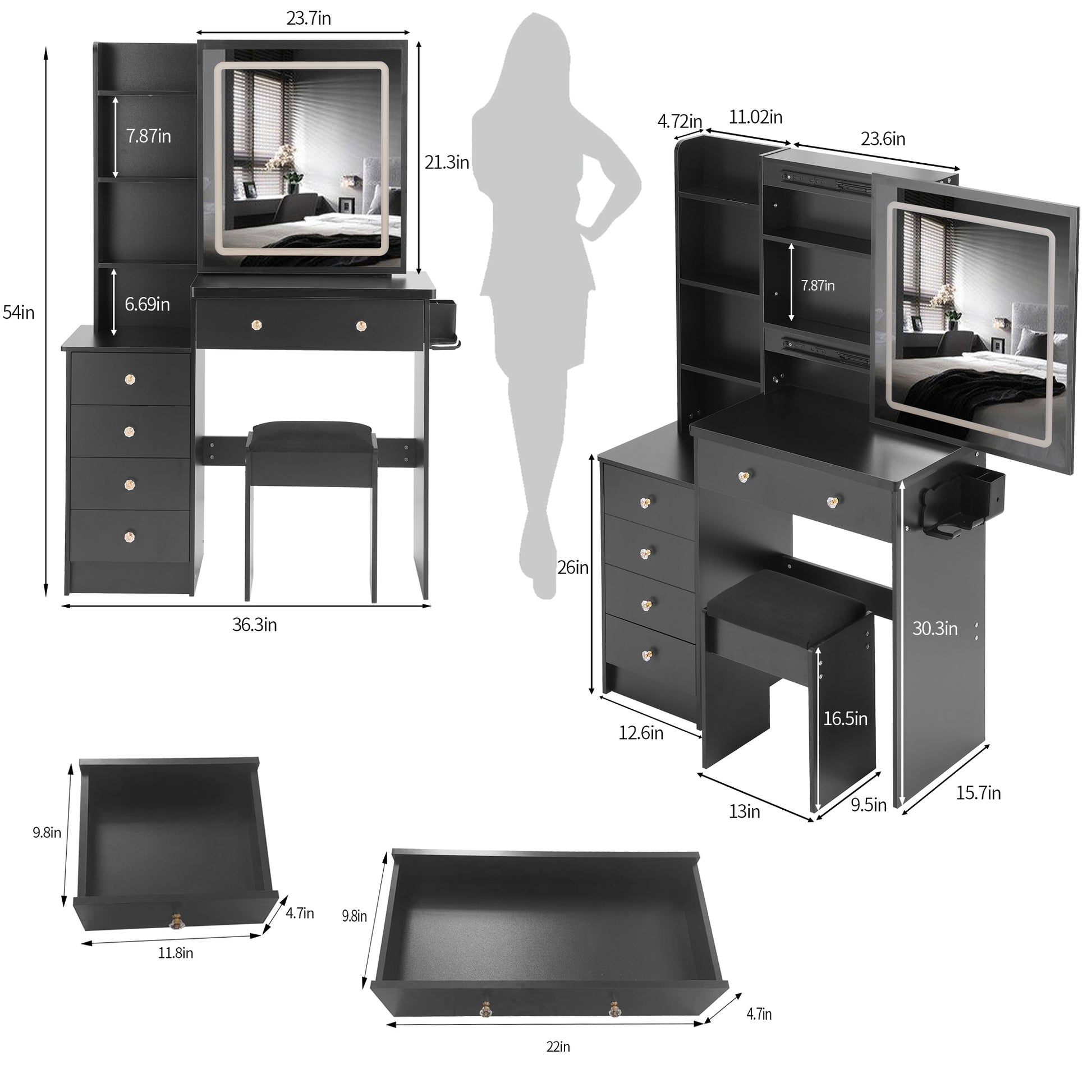 37" Middle Size Left Bedside Cabinet Vanity Table Cushioned Stool Dresser Set, 2 Ac 2 Usb Socket, Hair Dryer Stand, Large Touch Control Led Sliding Mirror, 3 Color Switch, Epa, Gcc, Ul Certificate