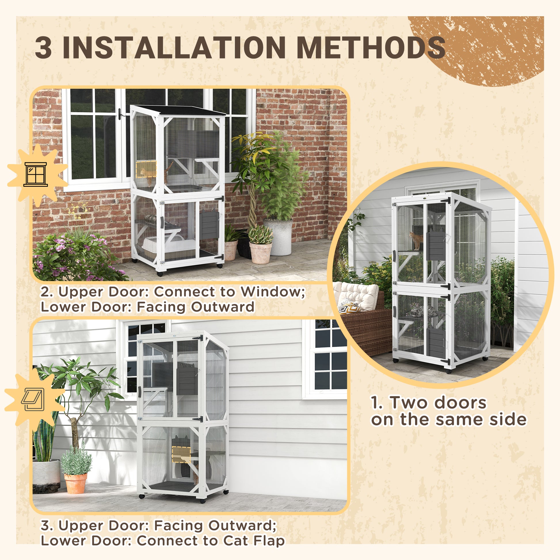 Pawhut Wooden Catio With Waterproof Roof, Large Cat House With High Up Resting Box, Indoor & Outdoor Cat Enclosure With Wheels, For 1 3 Cats, White White Wood