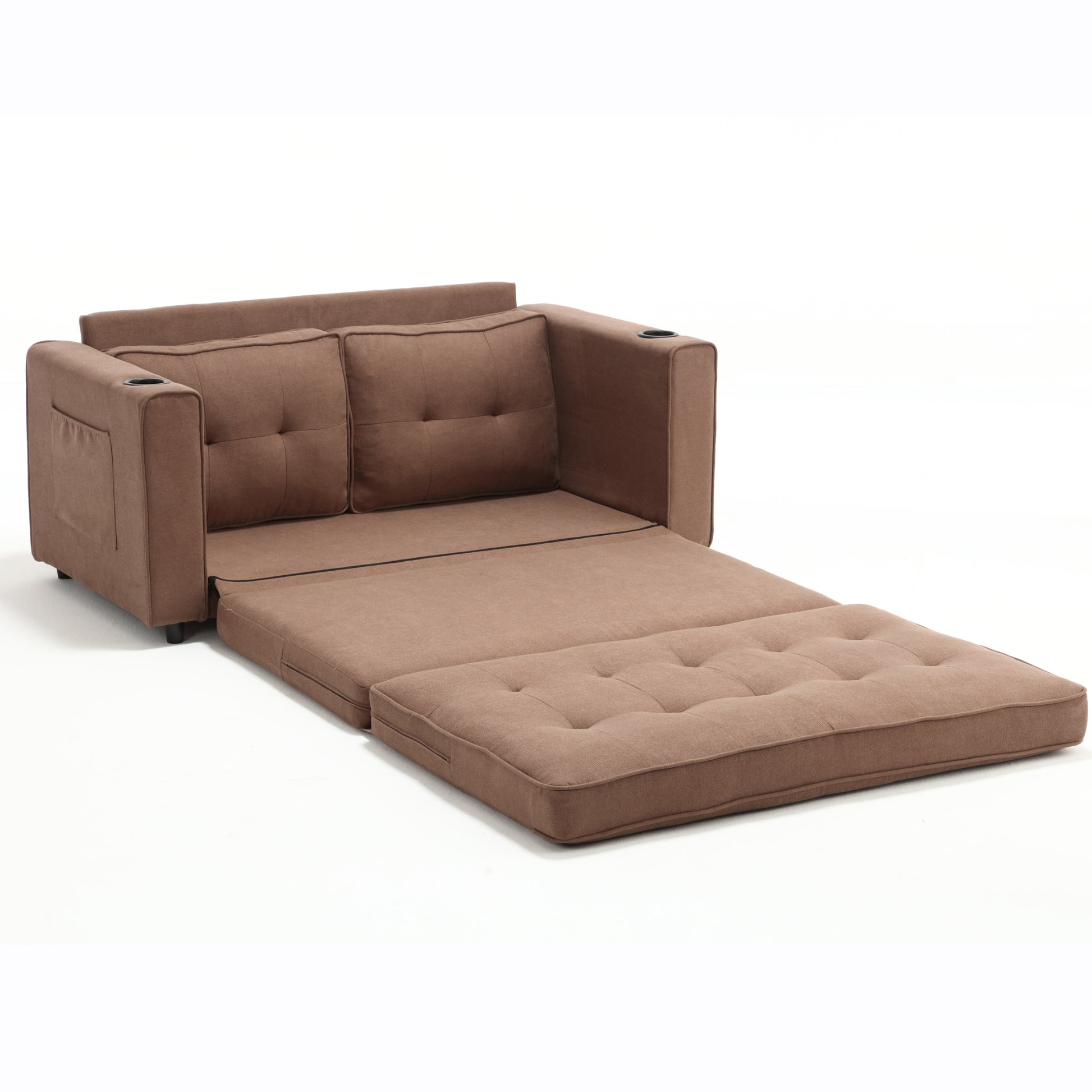 3 In 1 Upholstered Futon Sofa Convertible Floor Sofa Bed,Foldable Tufted Loveseat With Pull Out Sleeper Couch Bed,Folding Mattres Beautiful Seat Daybed W Side Pockets For Living Room, Brown Brown Foam Fabric 2 Seat