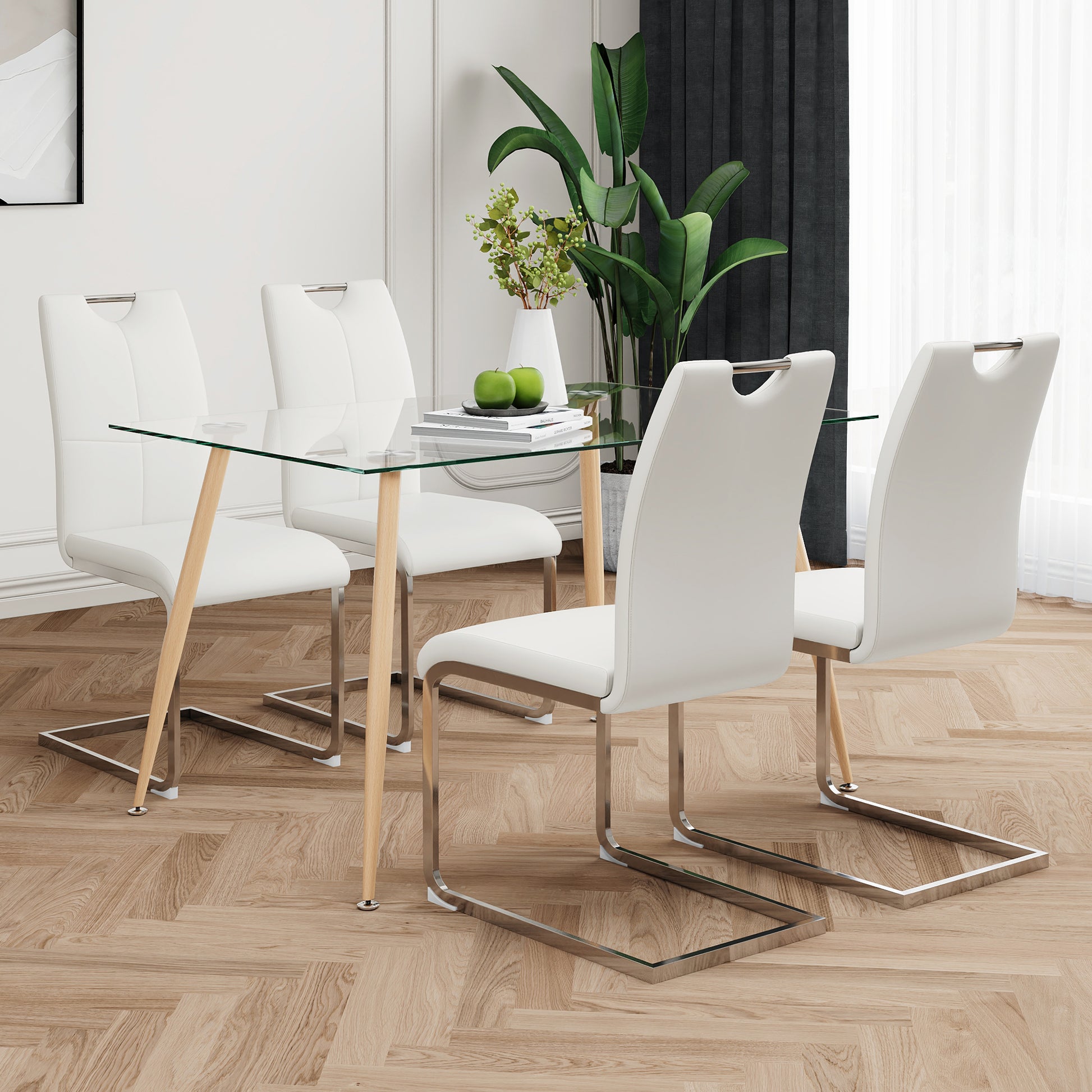 Modern Simple Rectangular Glass Dining Table, Solid Tempered Glass Countertop, Wood Transfer Metal Table Legs, White Pu Dining Chair Set, Suitable For Restaurant Kitchen Use Set Of 5 Metal Glass White Pu Seats 4 Metal Rectangular Dining Table With Chair