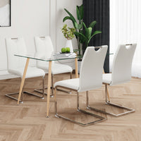 Modern Simple Rectangular Glass Dining Table, Solid Tempered Glass Countertop, Wood Transfer Metal Table Legs, White Pu Dining Chair Set, Suitable For Restaurant Kitchen Use Set Of 5 Metal Glass White Pu Seats 4 Metal Rectangular Dining Table With Chair