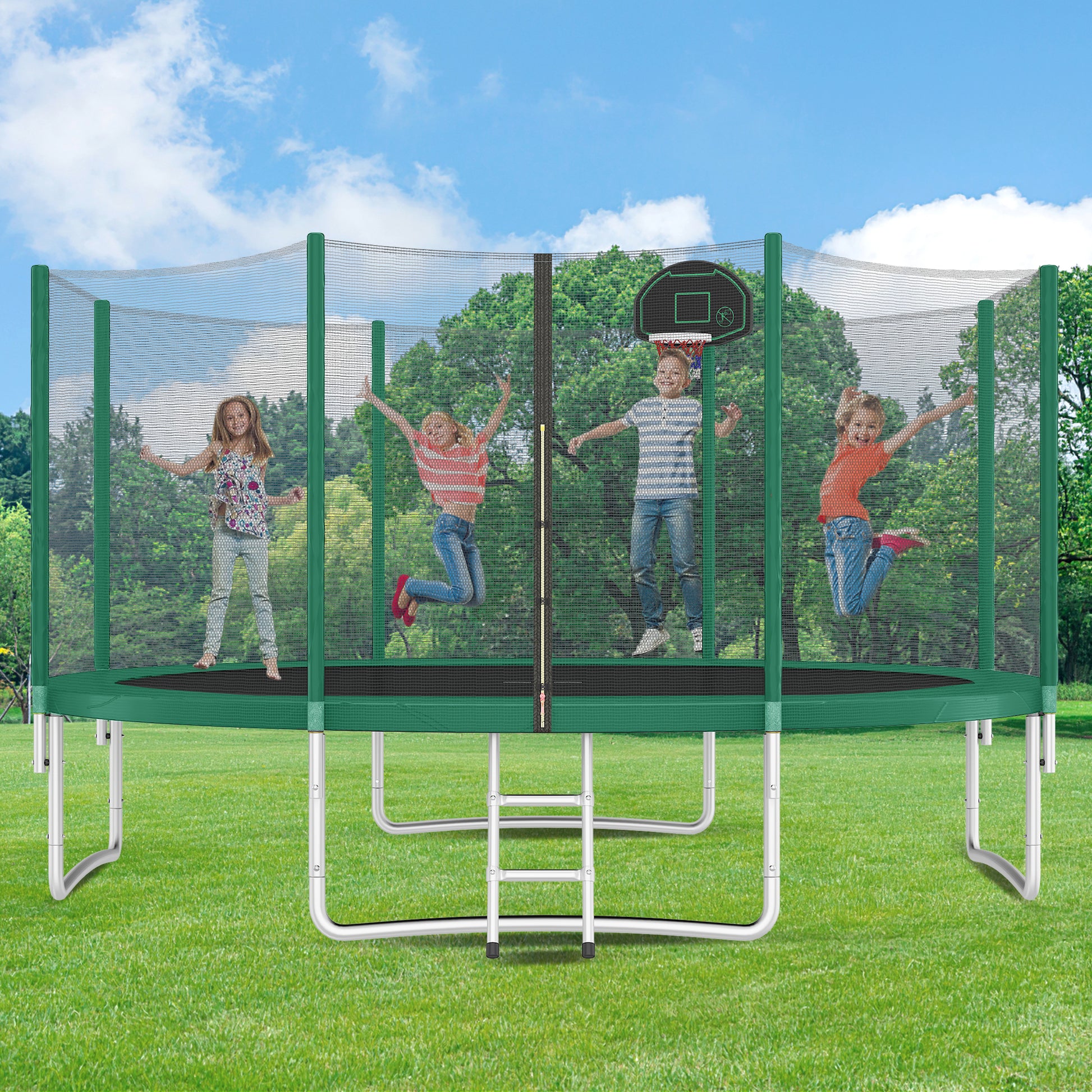 14Ft Trampoline For Kids With Safety Enclosure Net, Basketball Hoop And Ladder, Easy Assembly Round Outdoor Recreational Trampoline Green Metal