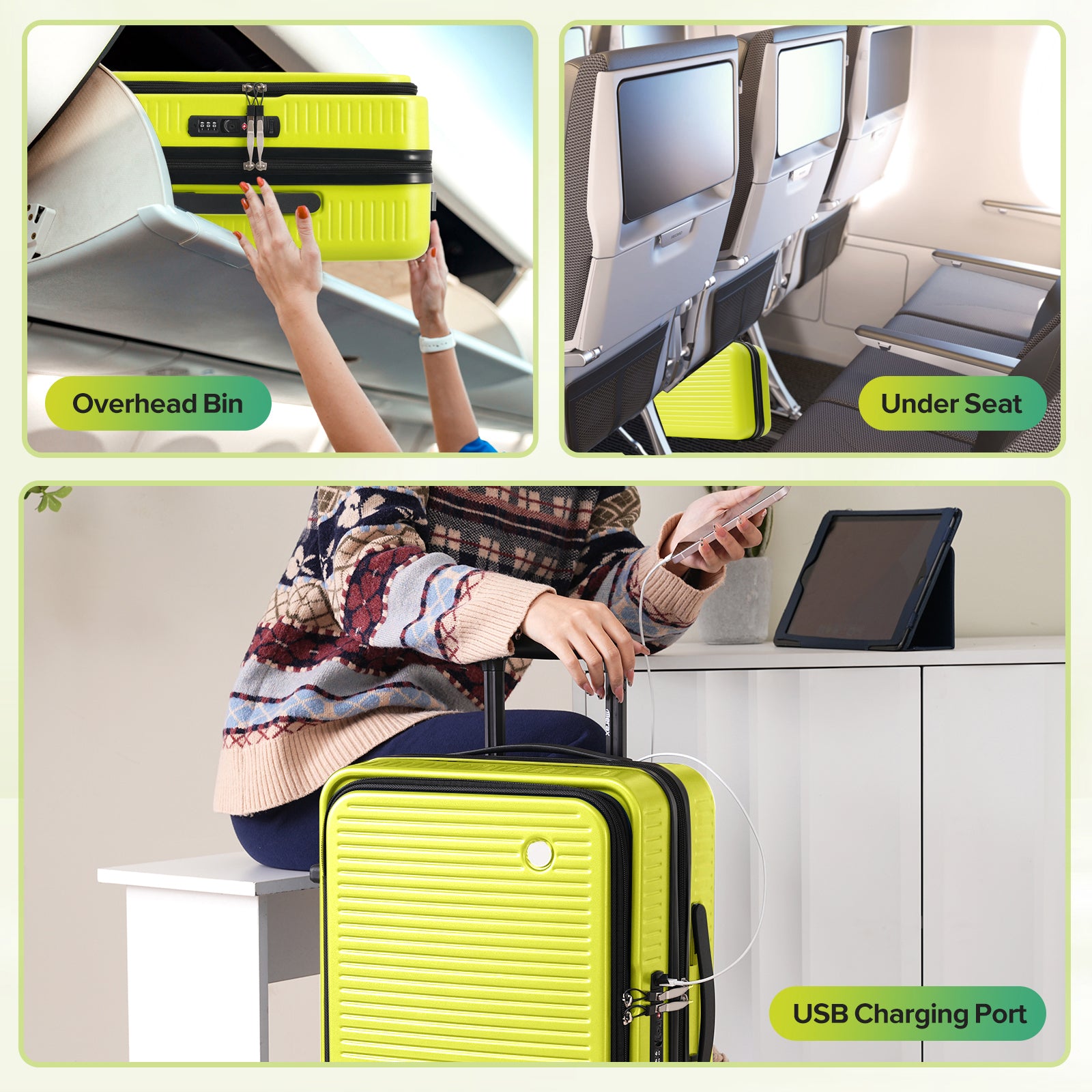 Carry On Luggage 20 Inch Front Open Luggage Lightweight Suitcase With Front Pocket And Usb Port, 1 Portable Carrying Case Green Abs