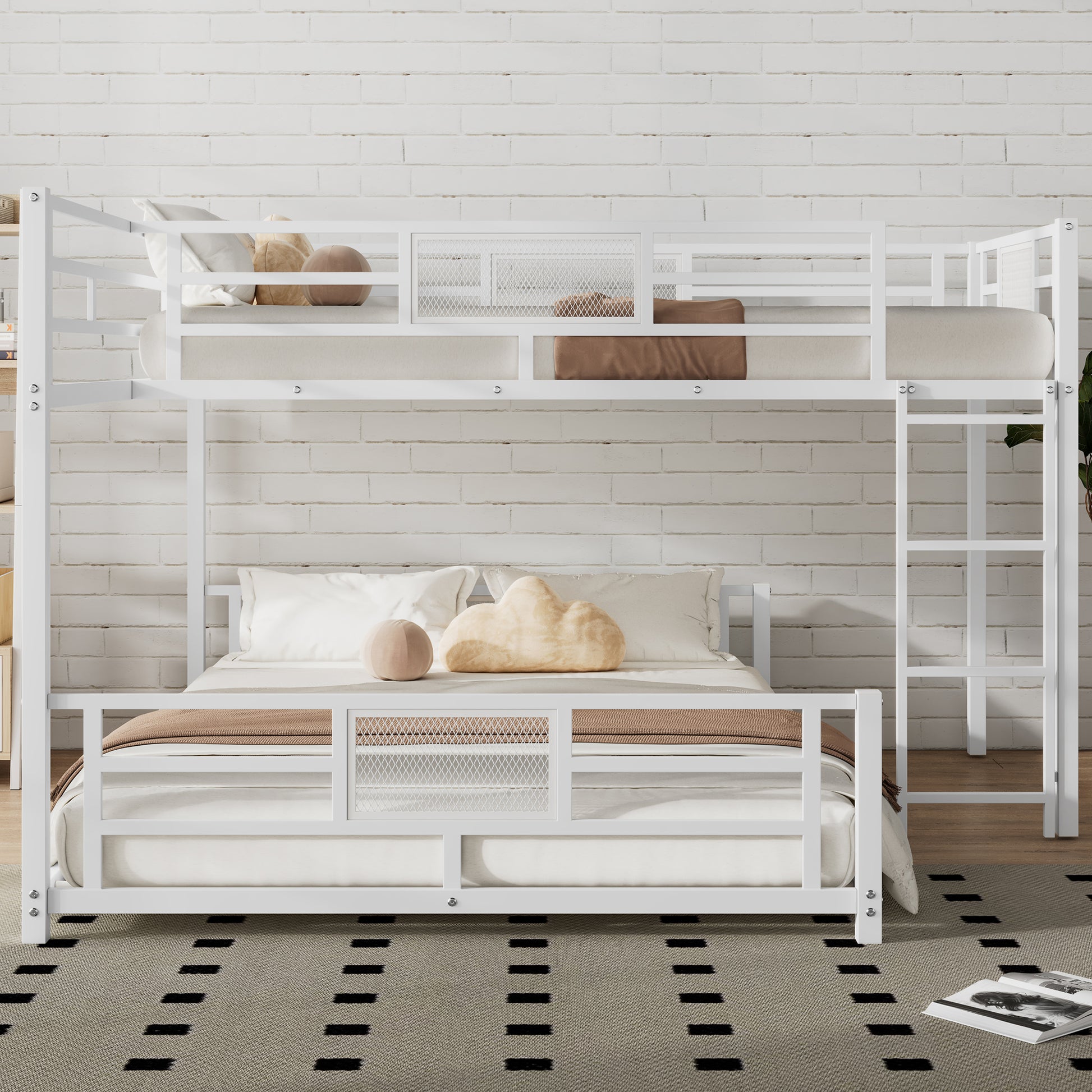 L Shaped Metal Twin Over Full Size Bunk Bed, White Box Spring Not Required White Metal Metal