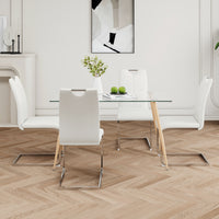 Modern Simple Rectangular Glass Dining Table, Solid Tempered Glass Countertop, Wood Transfer Metal Table Legs, White Pu Dining Chair Set, Suitable For Restaurant Kitchen Use Set Of 5 Metal Glass White Pu Seats 4 Metal Rectangular Dining Table With Chair
