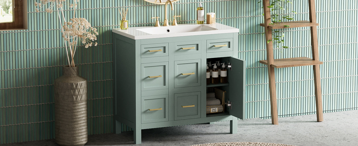 36" Bathroom Vanity Cabinet With Resin Integrated Sink 4 Drawers, 2 Doors Green Bathroom Solid Wood Mdf Resin