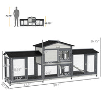 Pawhut 90.5" Wooden Rabbit Hutch Bunny Cage Pet Playpen House Enclosure With Double Side Run Boxes, No Leak Tray, Ramp, For Guinea Pig And Small Animals, Light Gray Gray Wood