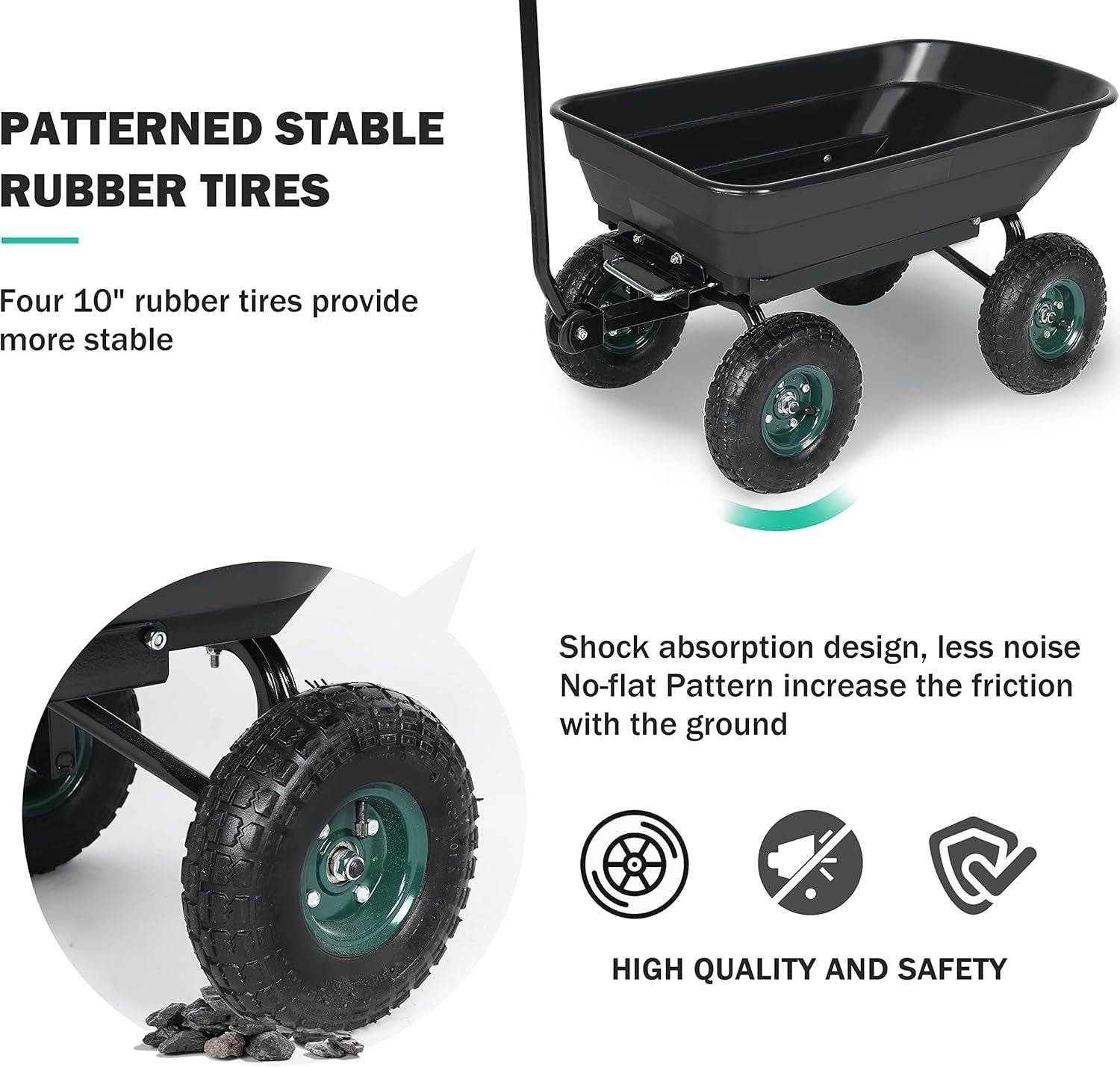 Garden Dump Cart With Steel Frame, Heavy Duty Outdoor Wagon With 10 Inch Pneumatic Rubber Tires, 660Lbs Max Capacity, Black Black Polypropylene