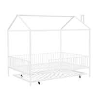 Full Size Metal House Bed With Fence, With Trundle, White Full White Metal