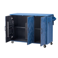 K&K 51.2"W 3D Wave Stripes Ash Veneer Not Cheap Paper Kitchen Island With Drop Leaf, Farmhouse Kitchen Island On Wheels With Internal Storage Rack, Rolling Kitchen Cart Navy Blue Navy Blue Nature