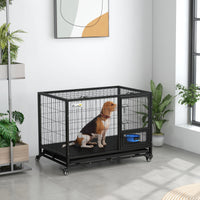 Pawhut 43" Heavy Duty Dog Crate With Bowl Holder, Strong Steel Dog Crate With Wheels, Detachable Door, Openable Top And Removable Tray For Large And Extra Large Dogs, Black Black Steel