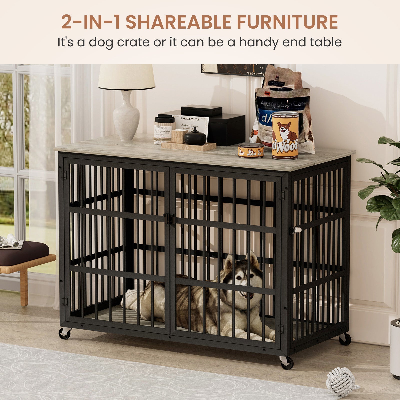 Furniture Style Dog Crate Wrought Iron Frame Door With Side Openings, Grey, 43.3''W X 29.9''D X 33.5''H. Grey Particle Board