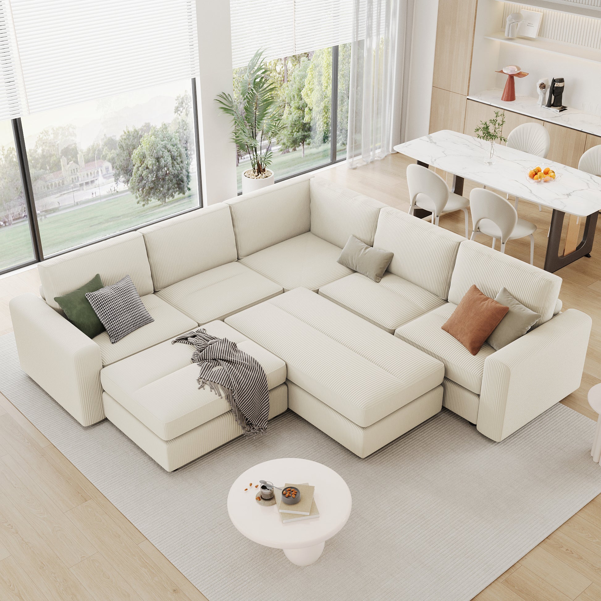 121.3" Sectional Couch Sofa Bed Modular Sofa With Two Movable Ottomans For Living Room Old Sku:N719S001640A , Beige Beige Foam Corduroy 7 Seat