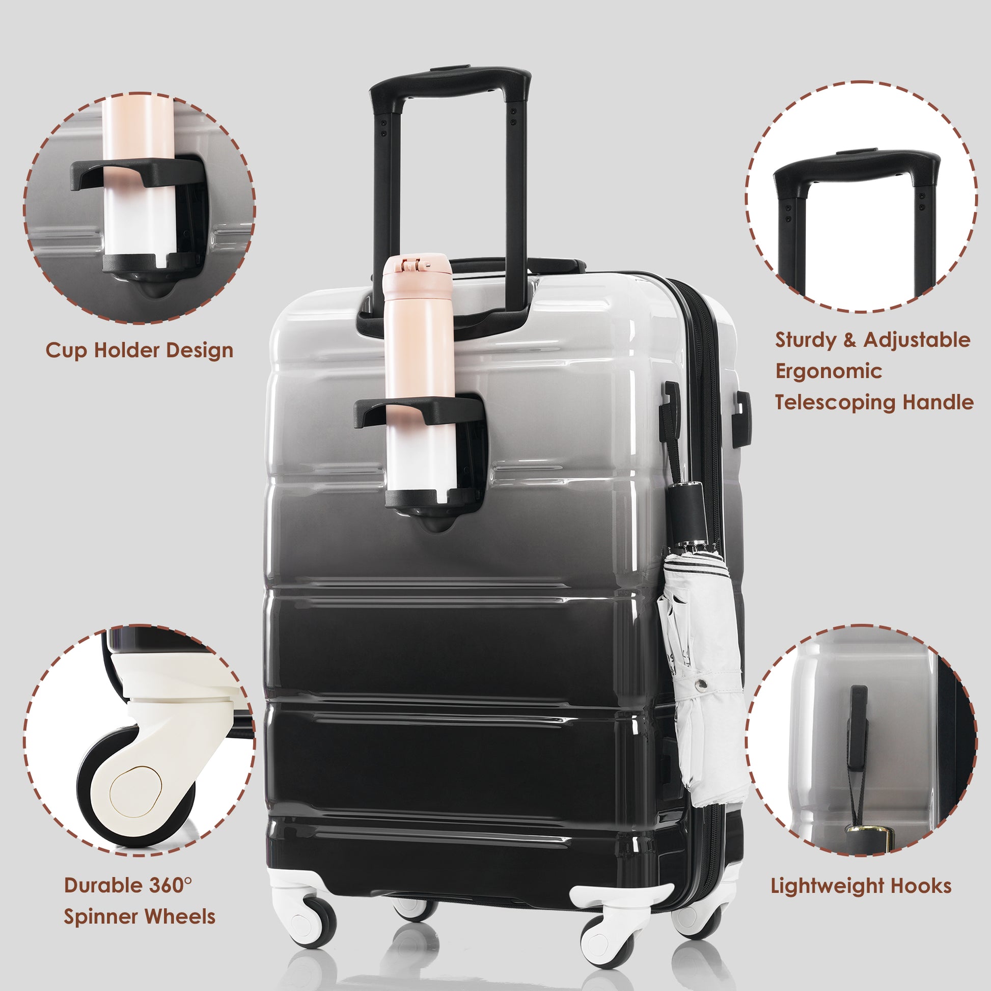 Luggage Set Of 3, 20 Inch With Usb Port, Airline Certified Carry On Luggage With Cup Holder, Abs Pc Hard Shell Luggage With Spinner Wheels, Black Black Gery Abs Pc