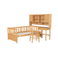 Twin Size Multifunctional Wood Platform Bed With Bookshelf At The Head Of The Bed, Built In Desk And Matching Chair, Natural Twin Natural Wood