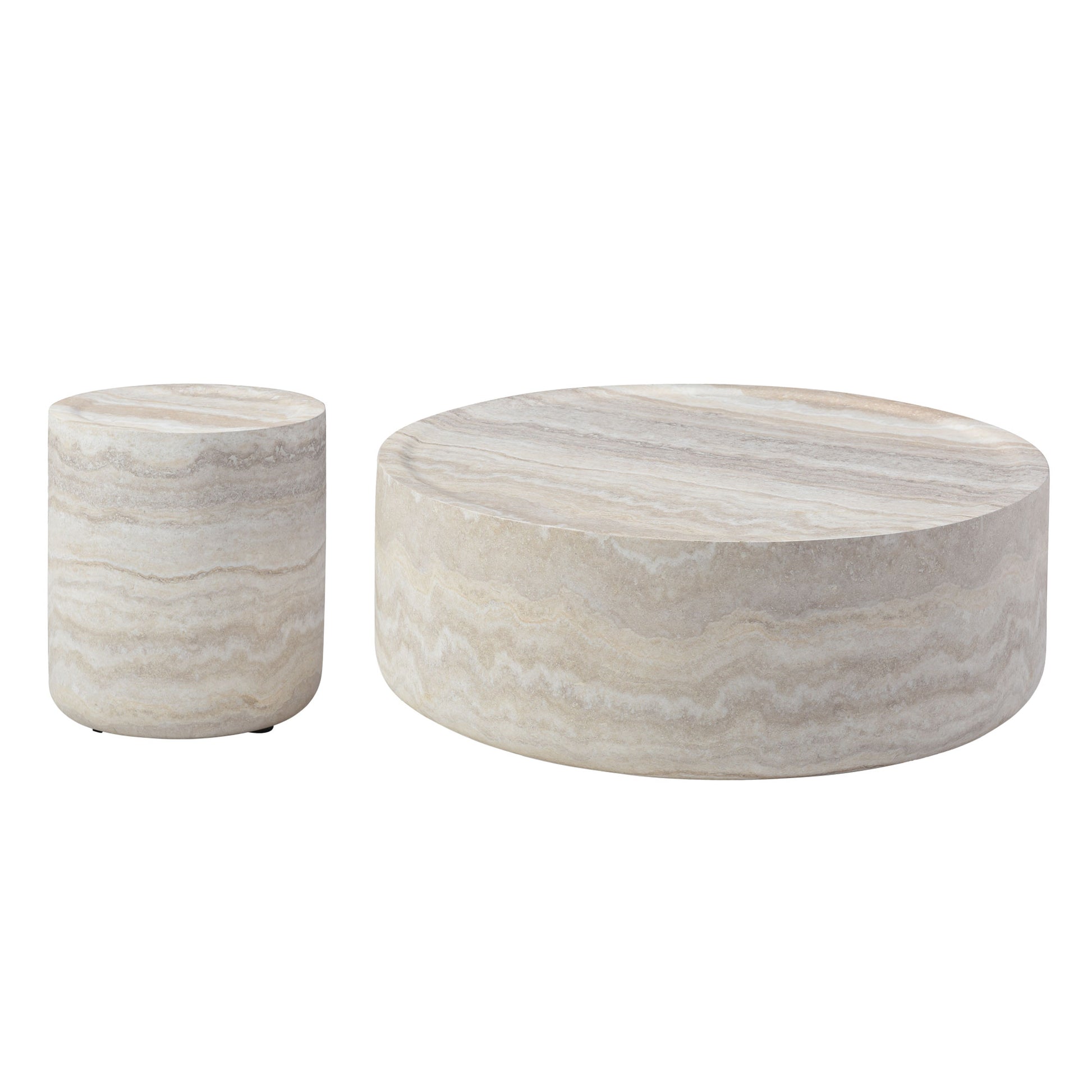 Set Of 2 Faux Mars Pattern Coffee Tables Side Table Round Tea Faux Travertine Textured Table For Living Room, No Need Assembly. Marble Fiberglass