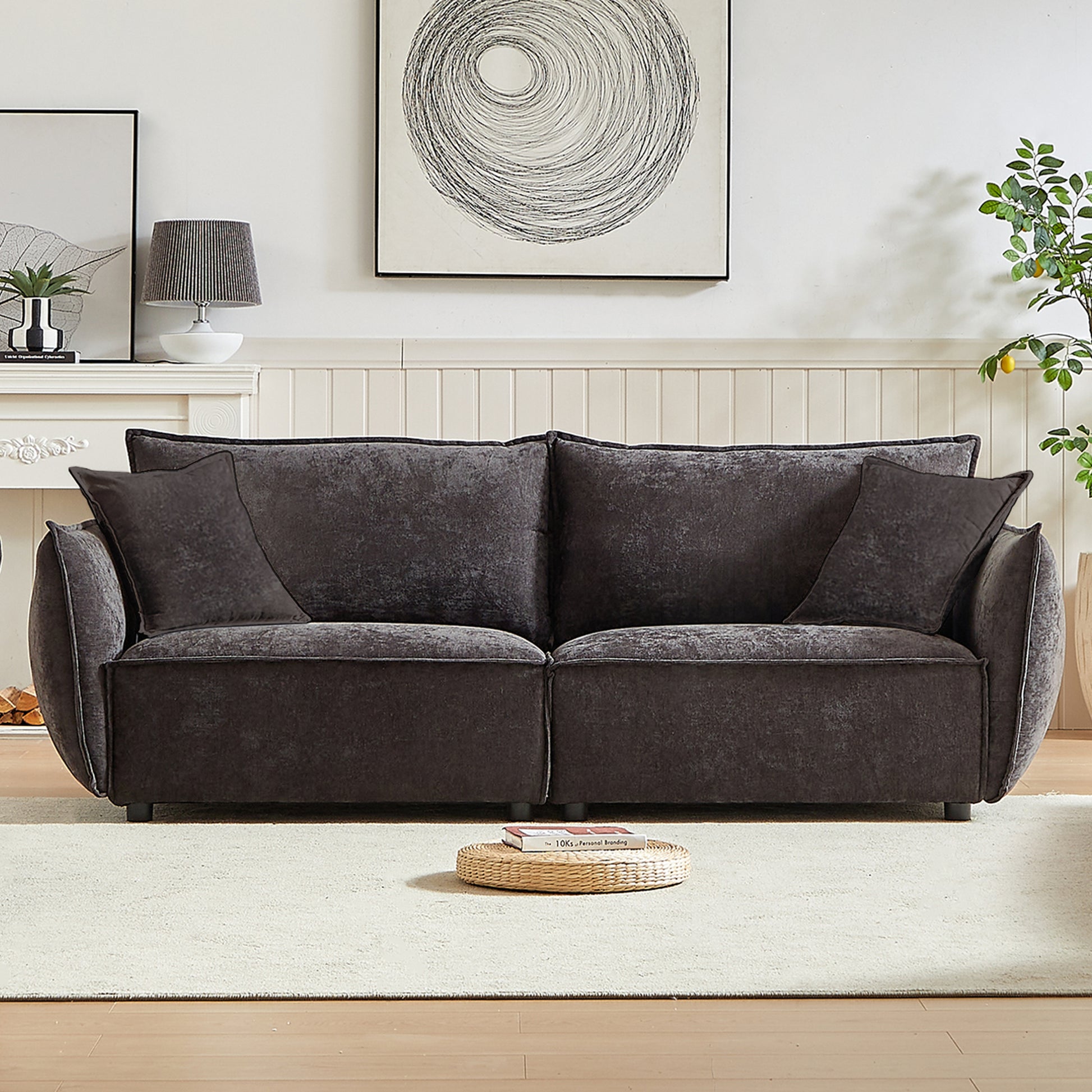 3 Seater 3 Seater Combo Sofa Modern Living Room Sofa, Linen Fabric Sofa, Wooden Frame With 4 Pillows, Apartment Sofa Furniture Black Chenille Wood Primary Living Space Pine Foam Fabric 6 Seat