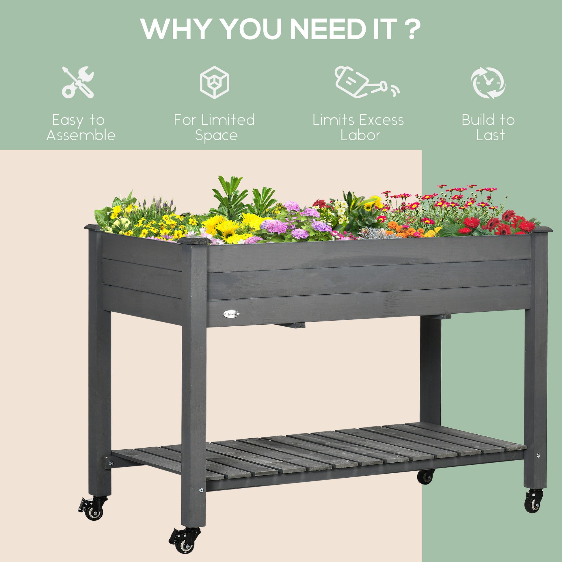 Outsunny Raised Garden Bed, 47" X 22" X 33", Elevated Wooden Planter Box With Lockable Wheels, Storage Shelf, And Bed Liner For Backyard, Patio, Dark Gray Gray Wood