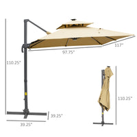 Outsunny 10Ft Cantilever Patio Umbrella With Solar Led Lights & Power Bank, Double Top Outdoor Offset Umbrella With 360 Rotation, Tilt, Crank & Cross Base For Garden, Khaki Khaki Aluminium