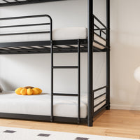 Triple Twin Bunk Beds, Twin Over Twin Over Twin Metal Bunk Bed Platform Frame, Two Attached Ladders, Easy Access Guard Rail, No Box Spring Need Black Box Spring Not Required Twin Black Metal Bedroom