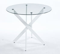 Dining Table With Cross Metal Leg And Tempered Glass,Modern Space Saving Kitchen Table For Living Room,White Legs,90X90X75Cm White Glass Metal