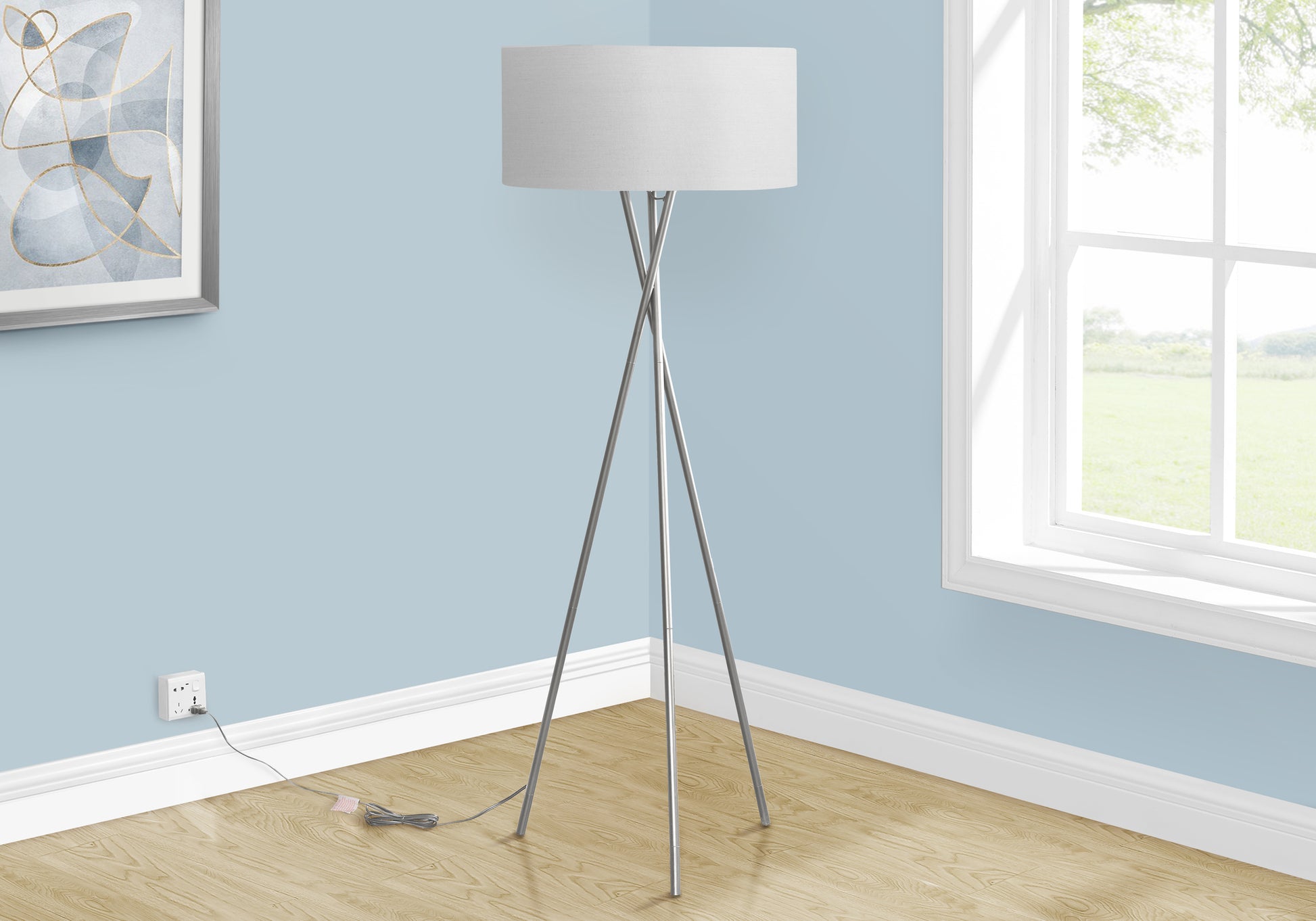 Lighting, 62"H, Floor Lamp, Nickel Metal, Grey Shade, Contemporary Silver Metal