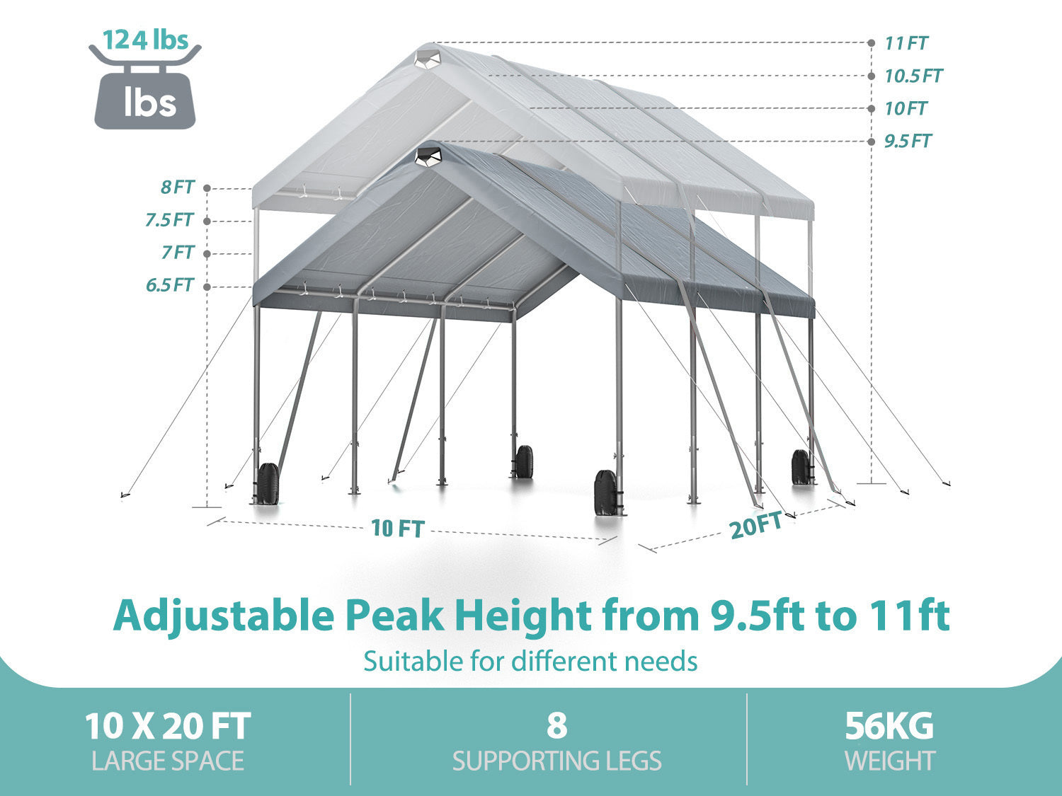 Sannwsg 10 * 20 Heavy Duty Carport Canopy Extra Large Portable Car Tent Garage With Adjustable Peak Height From 9.5Ft To 11Ft,Removable Roof &Side Walls For Car, Suv,Boats Gray Rectangular None Garden & Outdoor Water Resistant Carports Metal